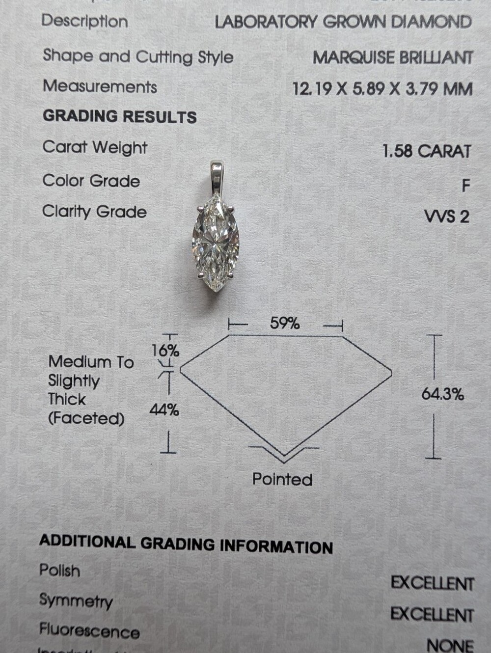 1.58 Carat Marquise IGI Lab Diamond Pendant